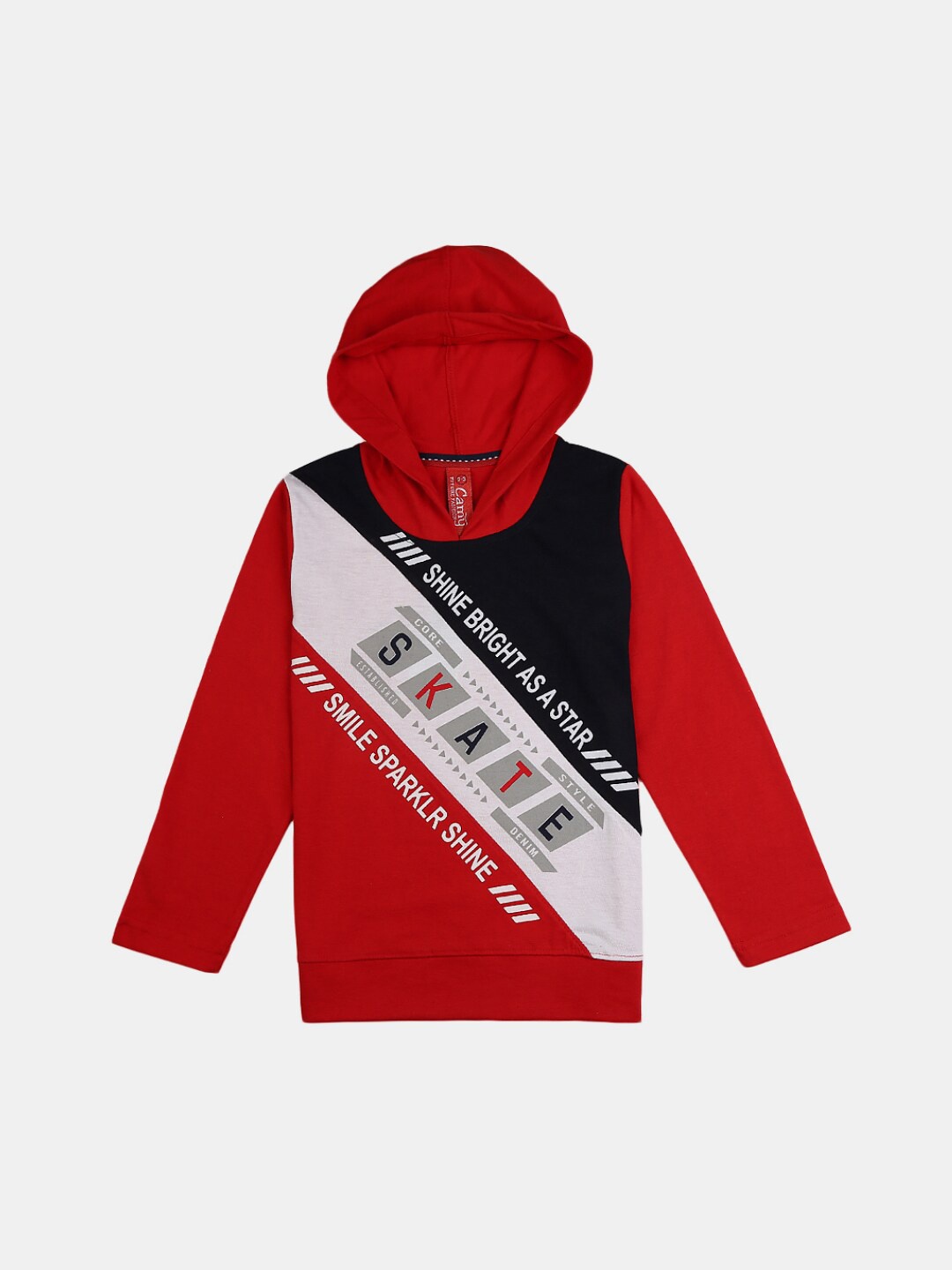 

V-Mart Boys Red & Black Typography Colourblocked Hooded T-shirt