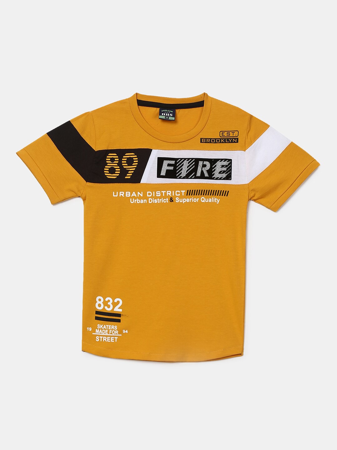 

V-Mart Boys Mustard Yellow Typography Printed Cotton Lycra Round Neck