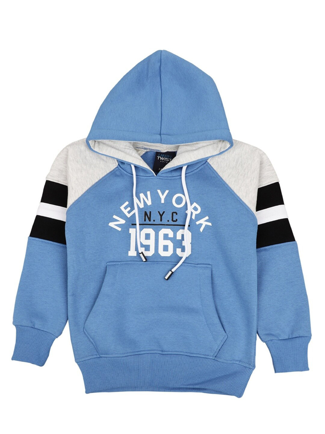 

V-Mart Boys Blue & White Printed Hooded Kangaroo Pocket T-shirt
