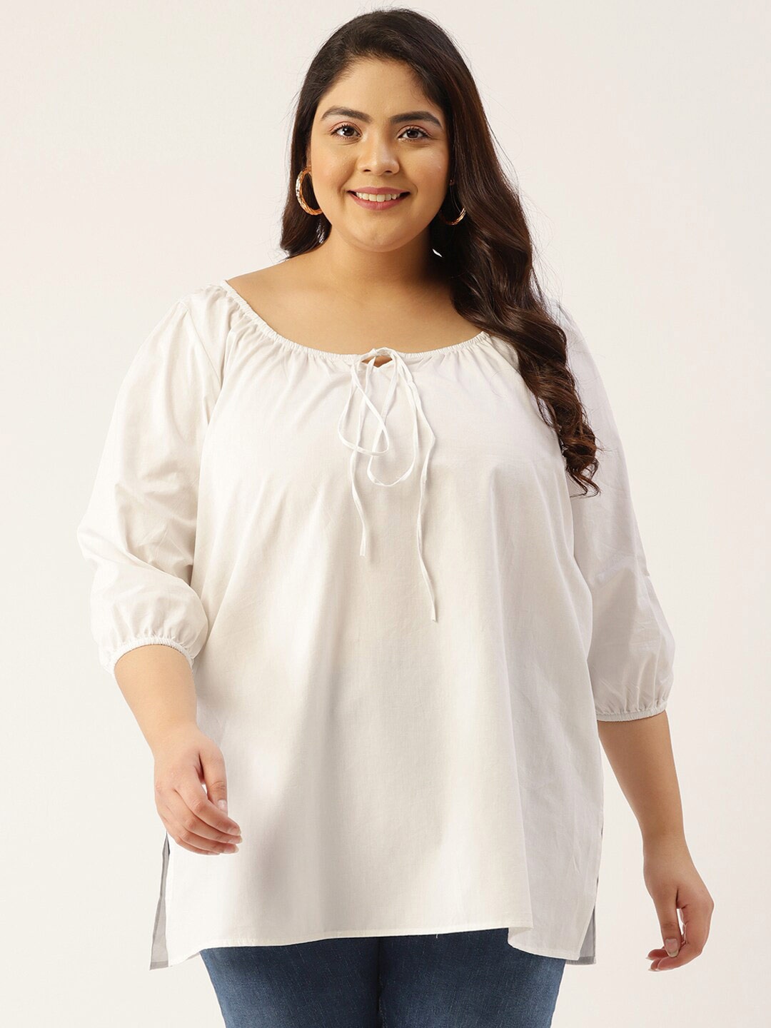 

theRebelinme Women White Tie-Up Neck Plus Size Top