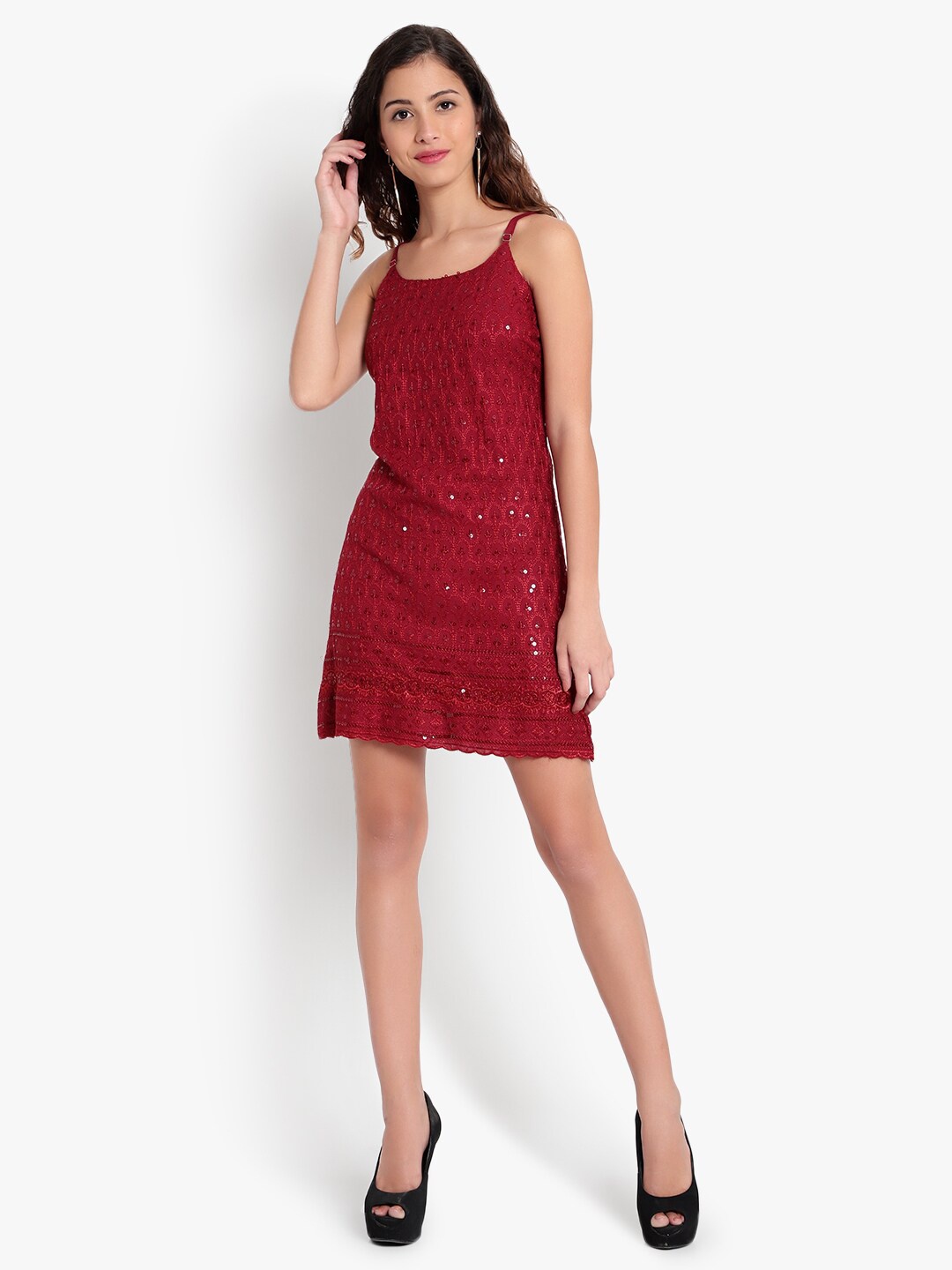 

Indietoga Women Plus Size Maroon Embroidered & Sequinned A-Line Knee-Length Strap Dress