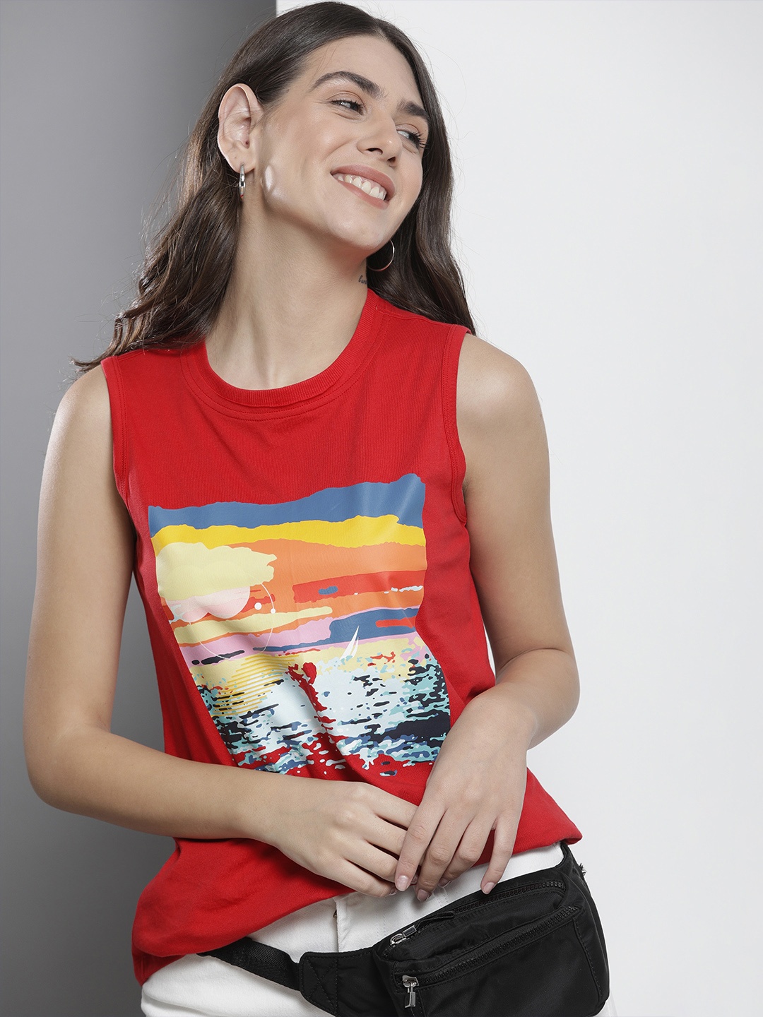 

Nautica Women Red Printed Pure Cotton T-shirt