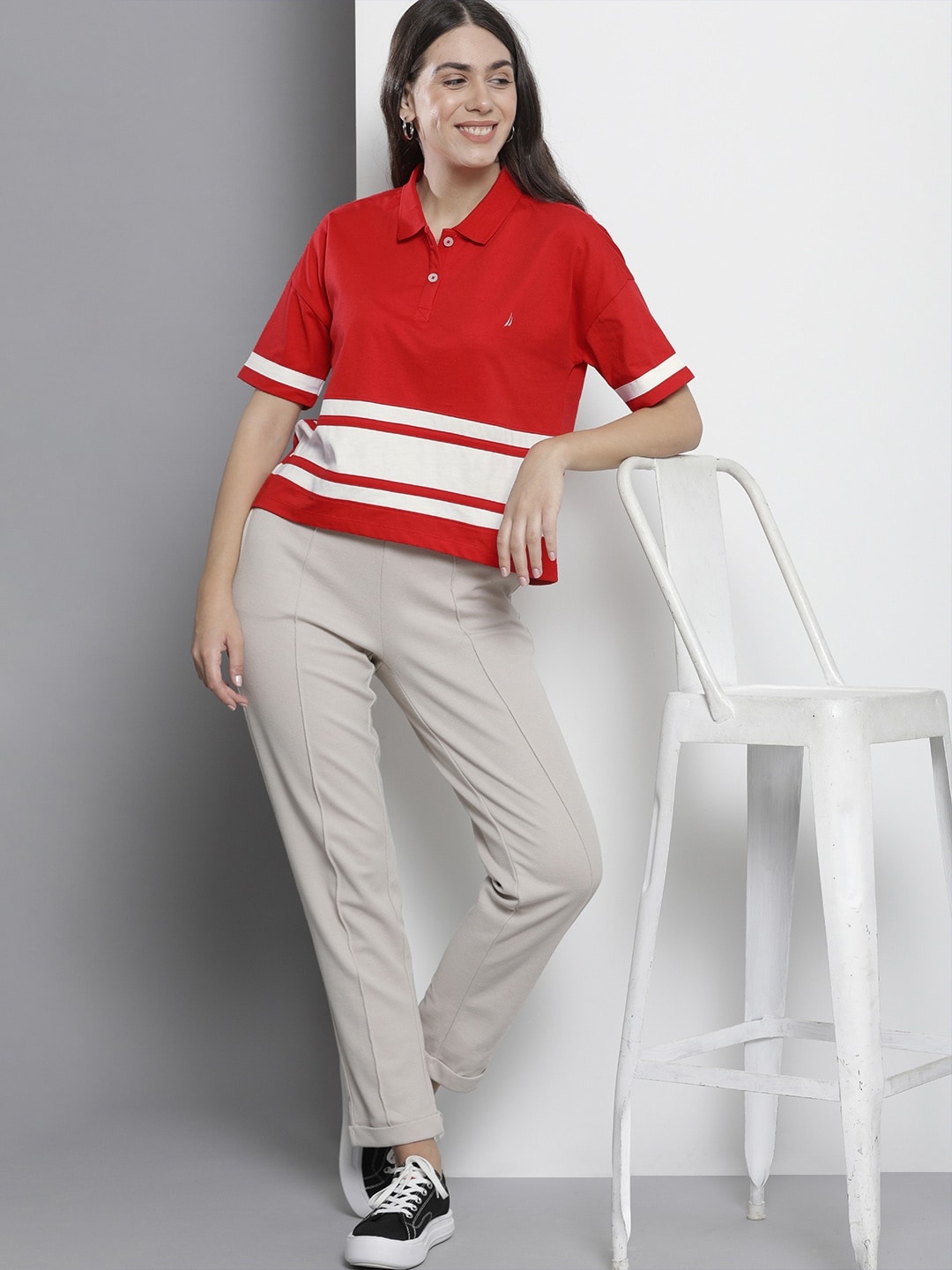 

Nautica Red & White Colourblocked Drop Shoulder Sleeves Pure Cotton Boxy Top