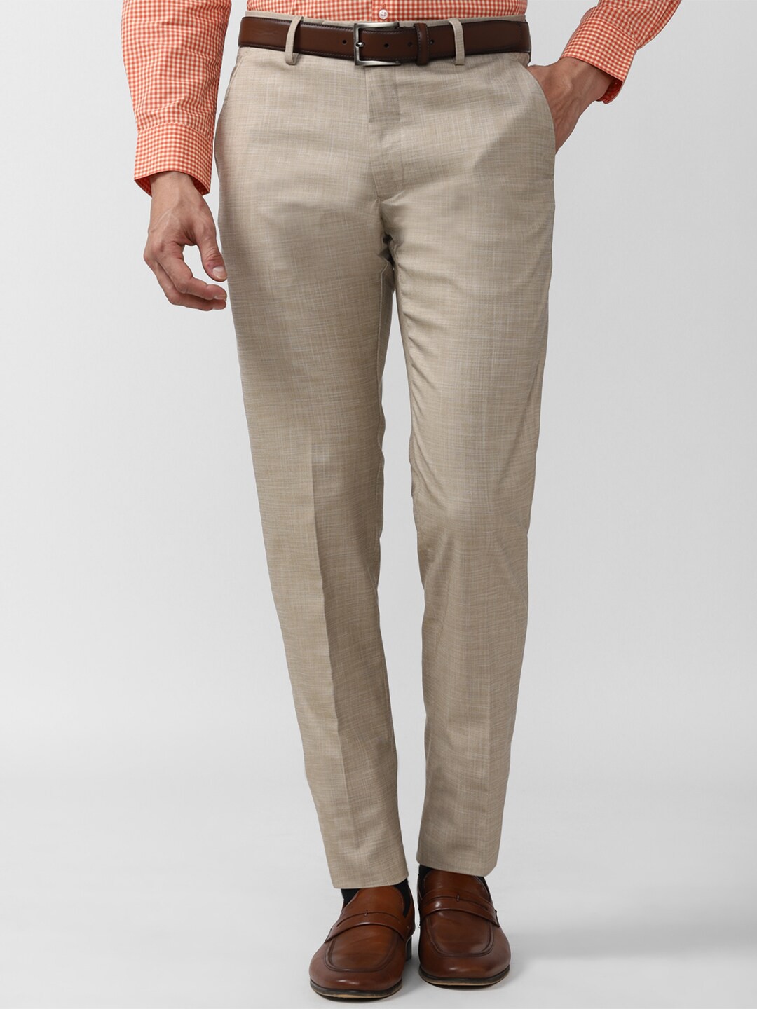 

Peter England Men Beige Textured Slim Fit Trousers