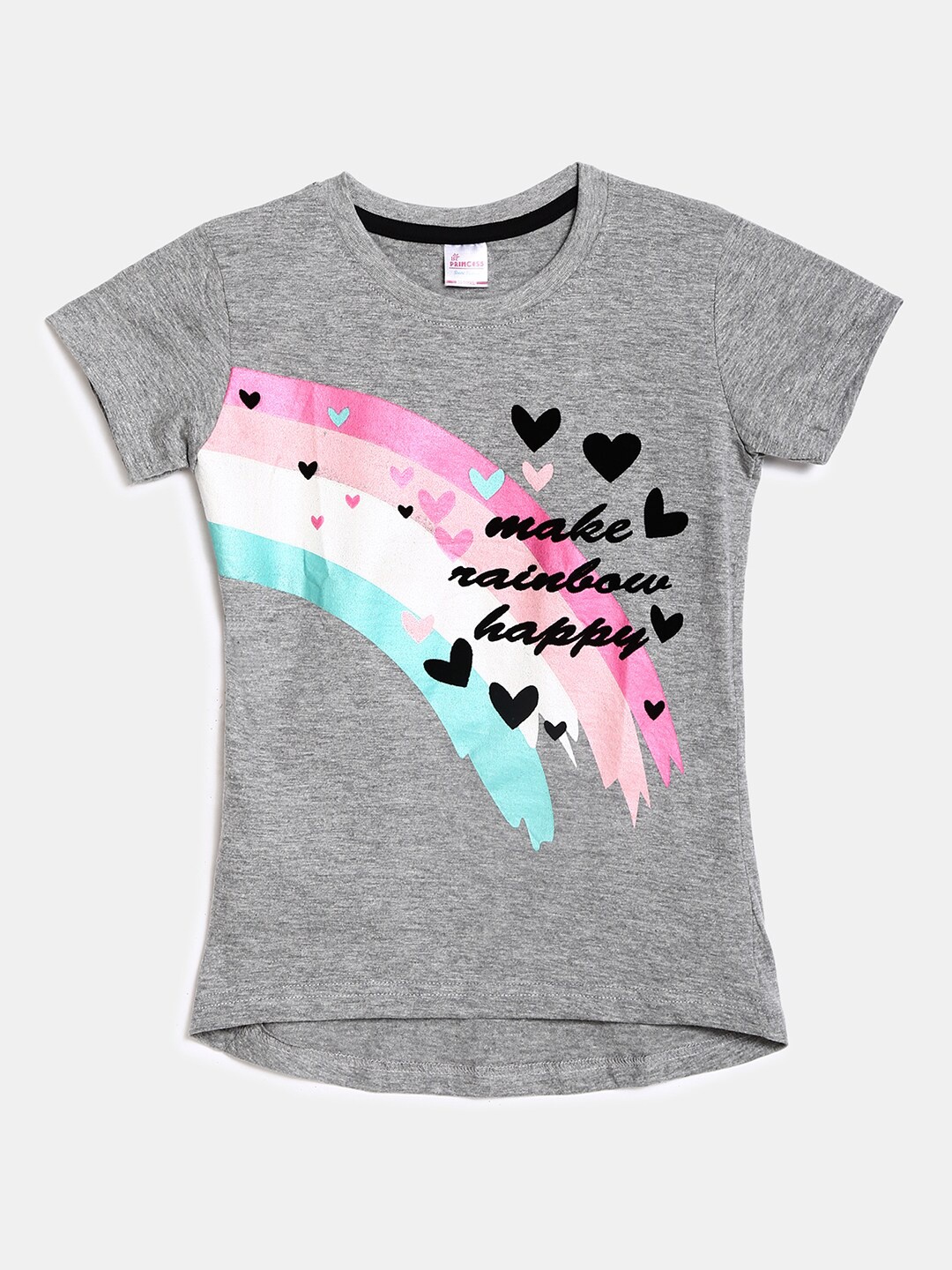 

V-Mart Girls Grey Melange & Black Printed T-shirt