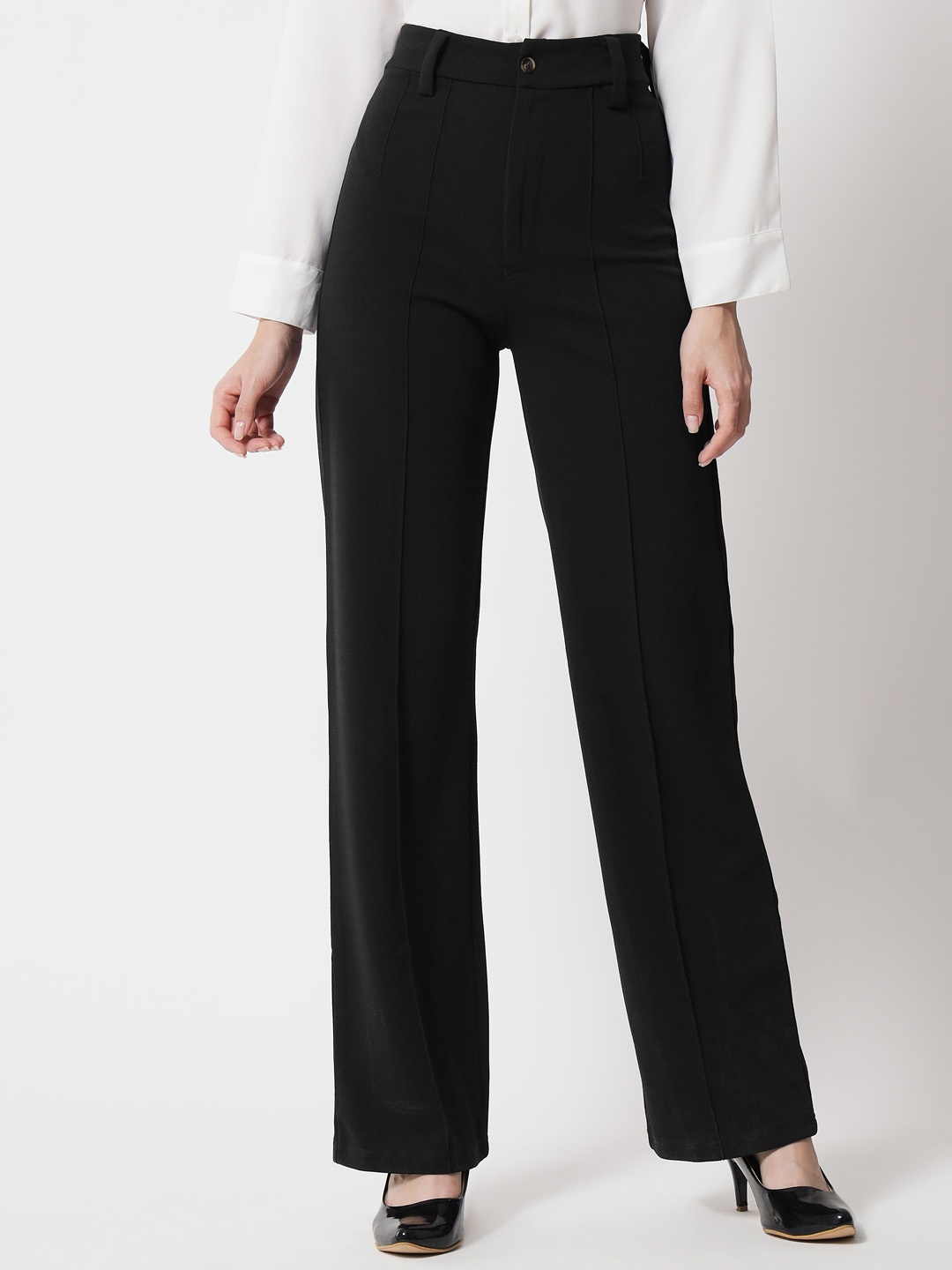 

KOTTY BIZwear Women Black Relaxed Straight Fit High-Rise Easy Wash Trousers