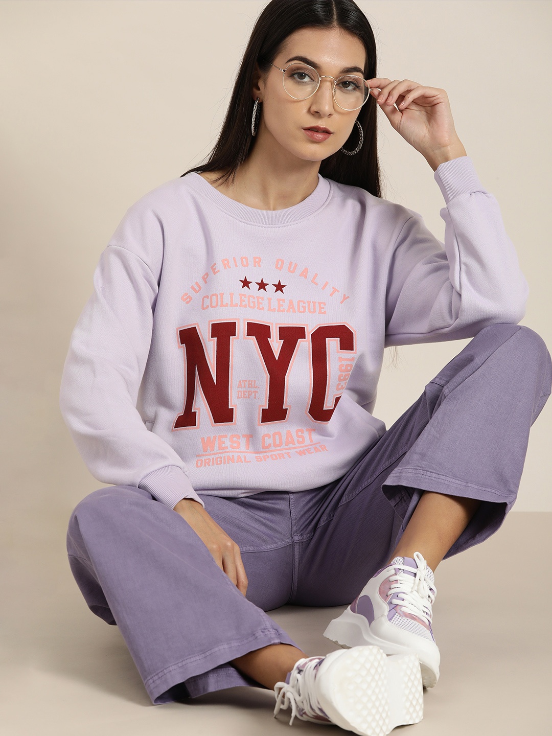 

DILLINGER Women Lavender Printed Oversized Sweatshirt