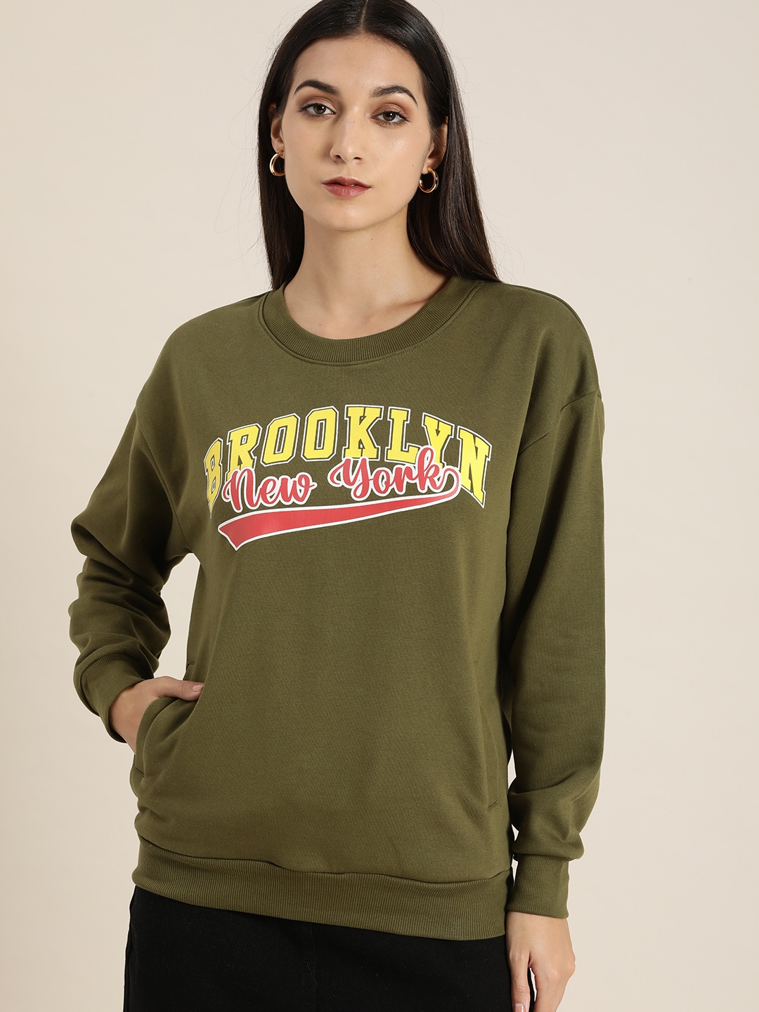 

DILLINGER Women Olive Green Printed Oversized Sweatshirt