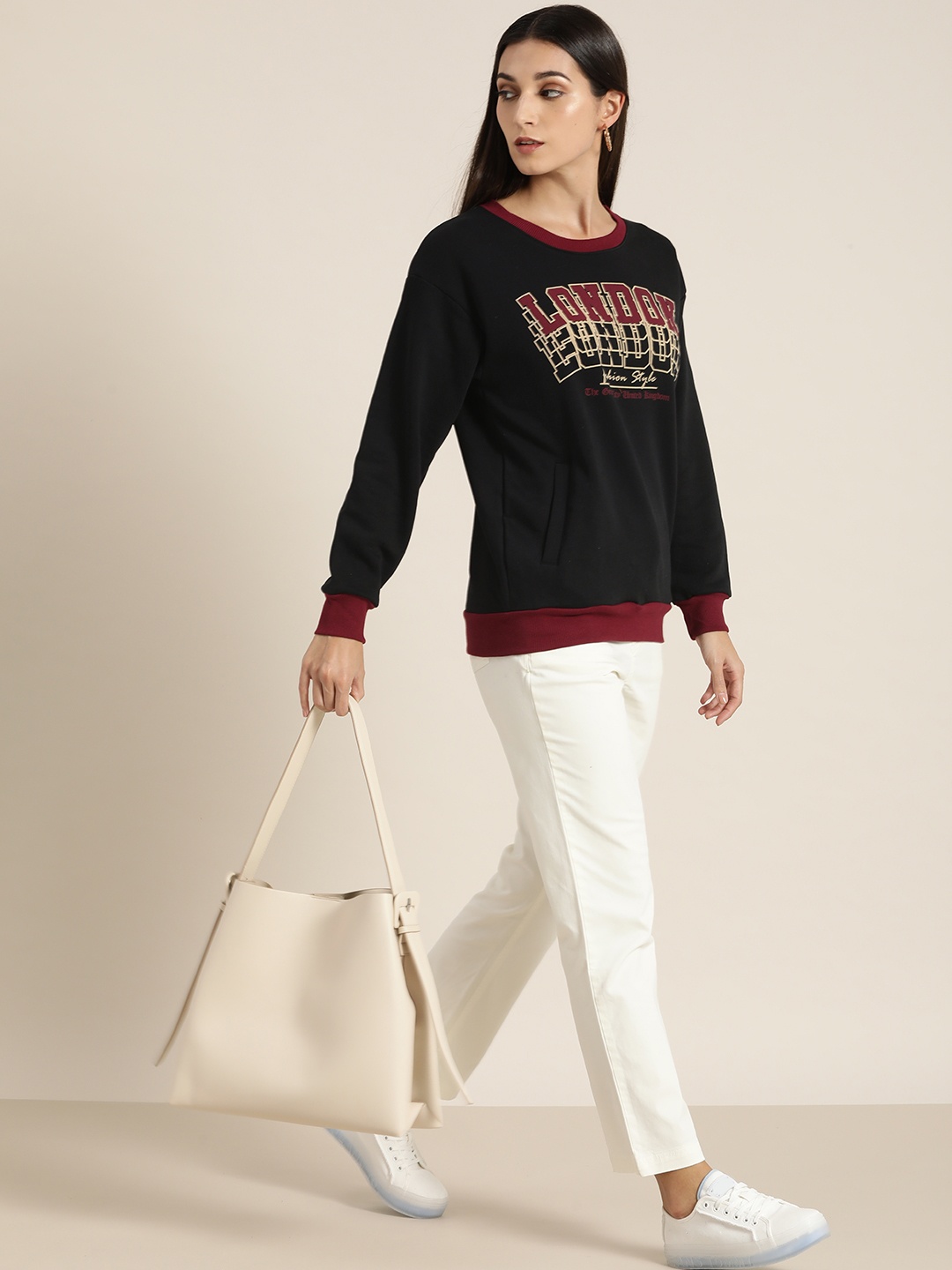 

DILLINGER Women Black Printed Oversized Sweatshirt