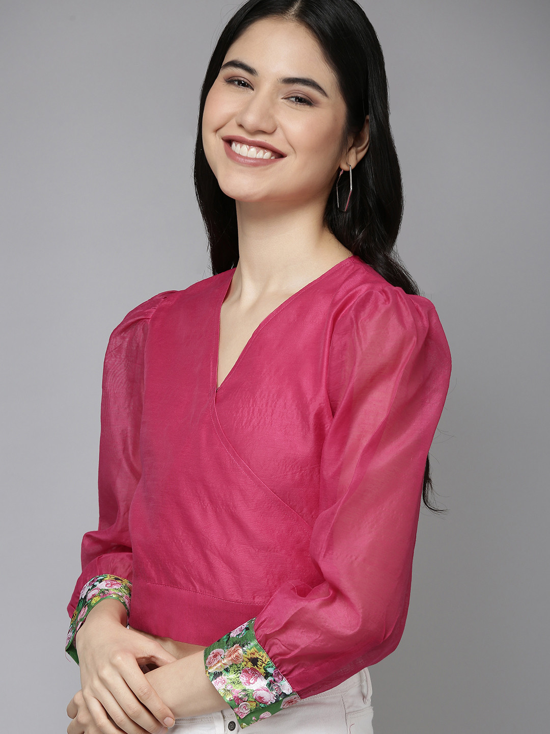 

Bhama Couture Women Pink Solid Wrap Crop Top