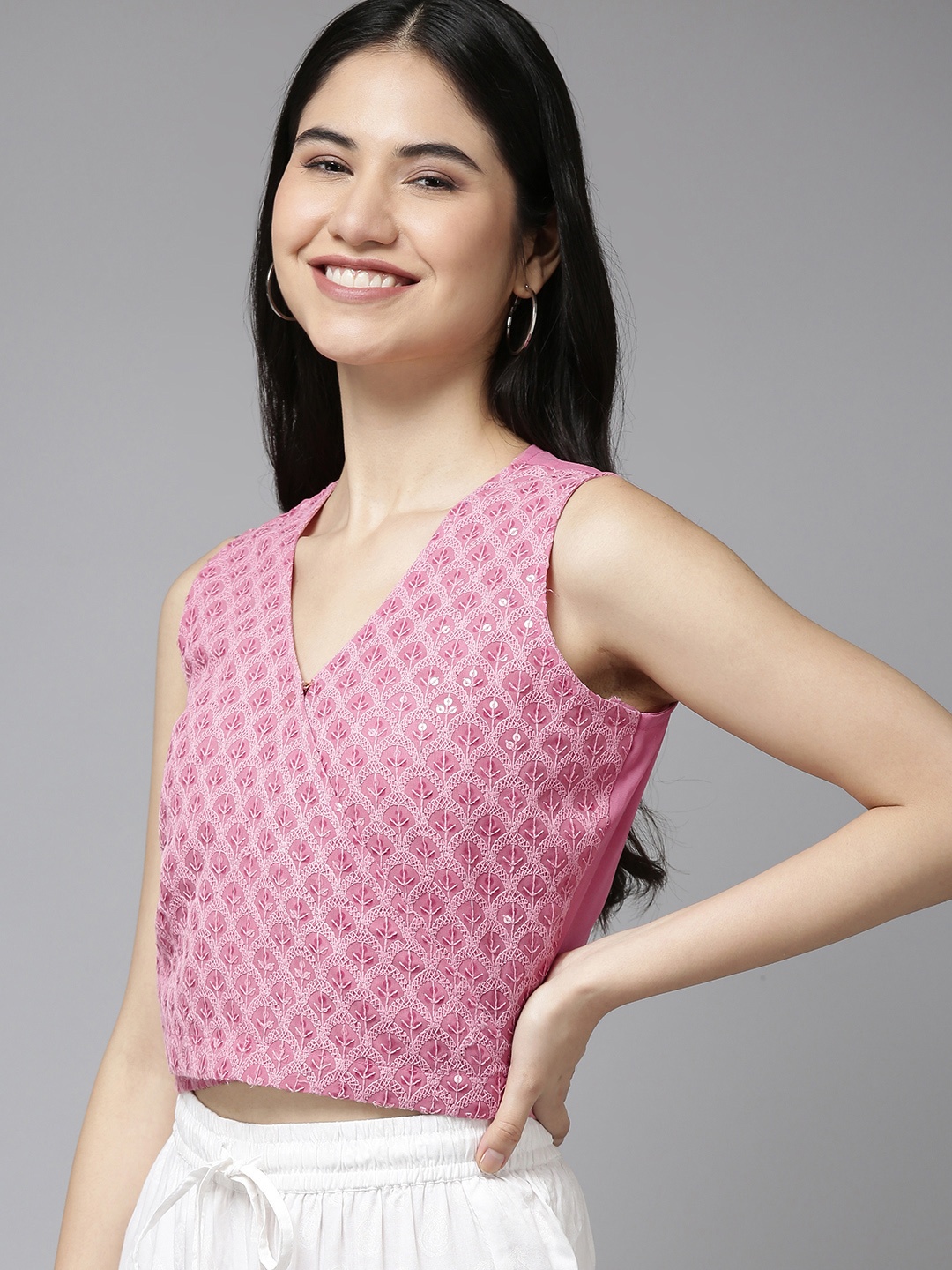 

Bhama Couture Women Pink Embroidered Wrap Crop Top