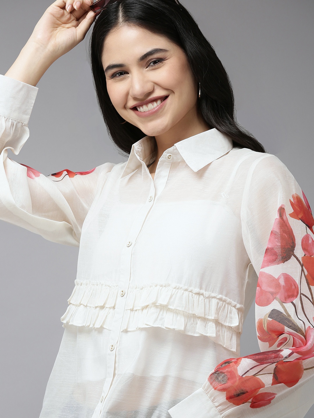 

Bhama Couture Women White & Red Floral Detail Ruffles Shirt Style Top