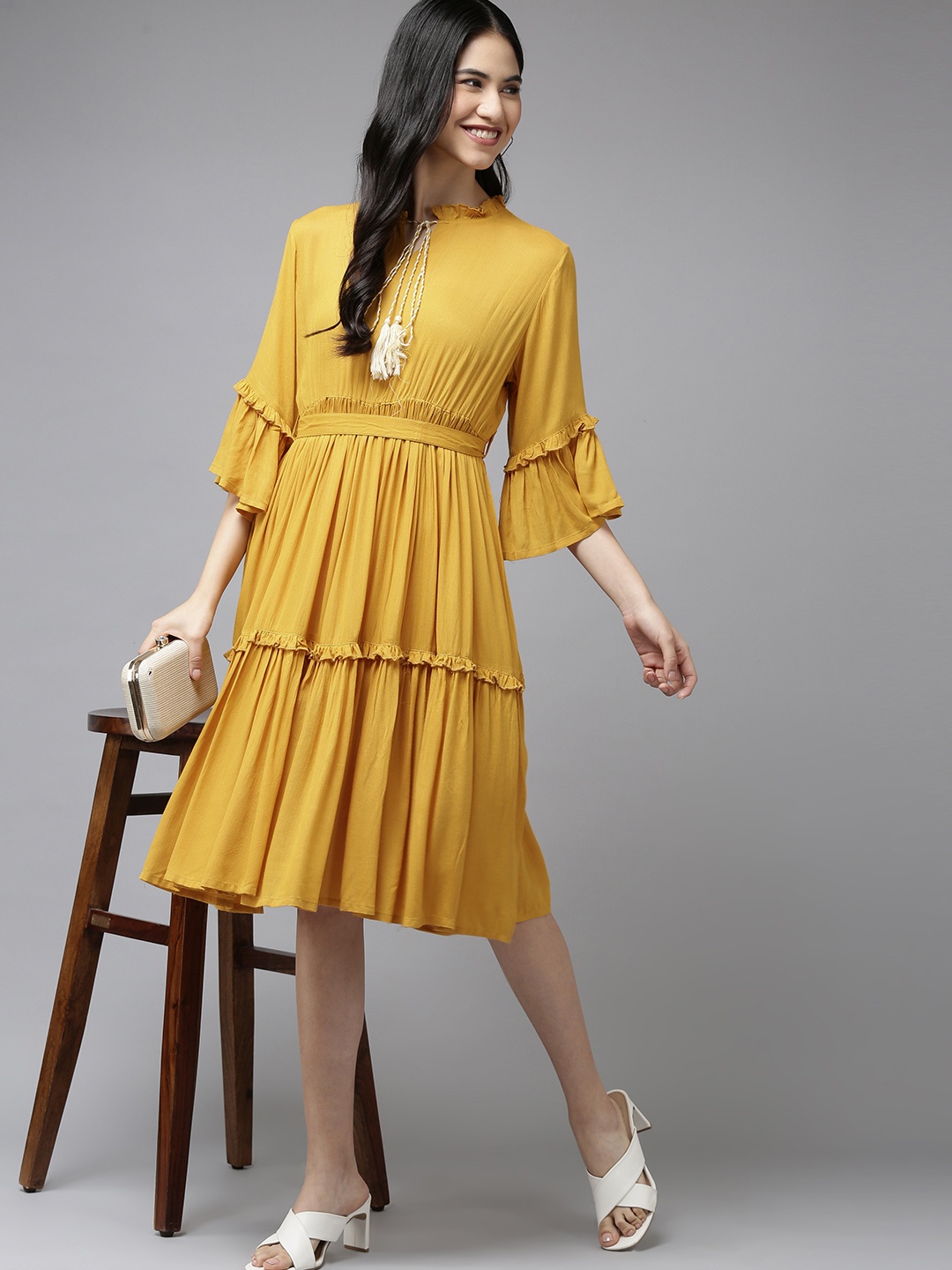 

Bhama Couture Mustard Yellow Solid A-Line Dress with Belt