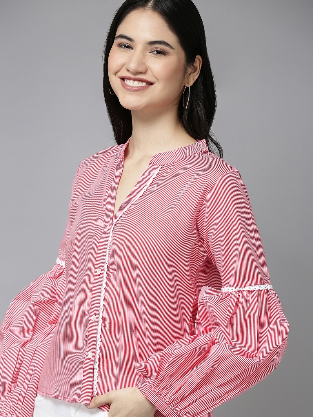 

Bhama Couture Women Red & White Striped Shirt Style Top