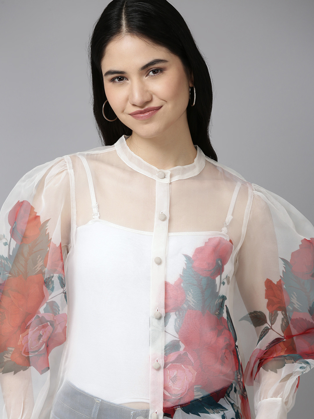 

Bhama Couture Women White & Red Floral Print Shirt Style Top