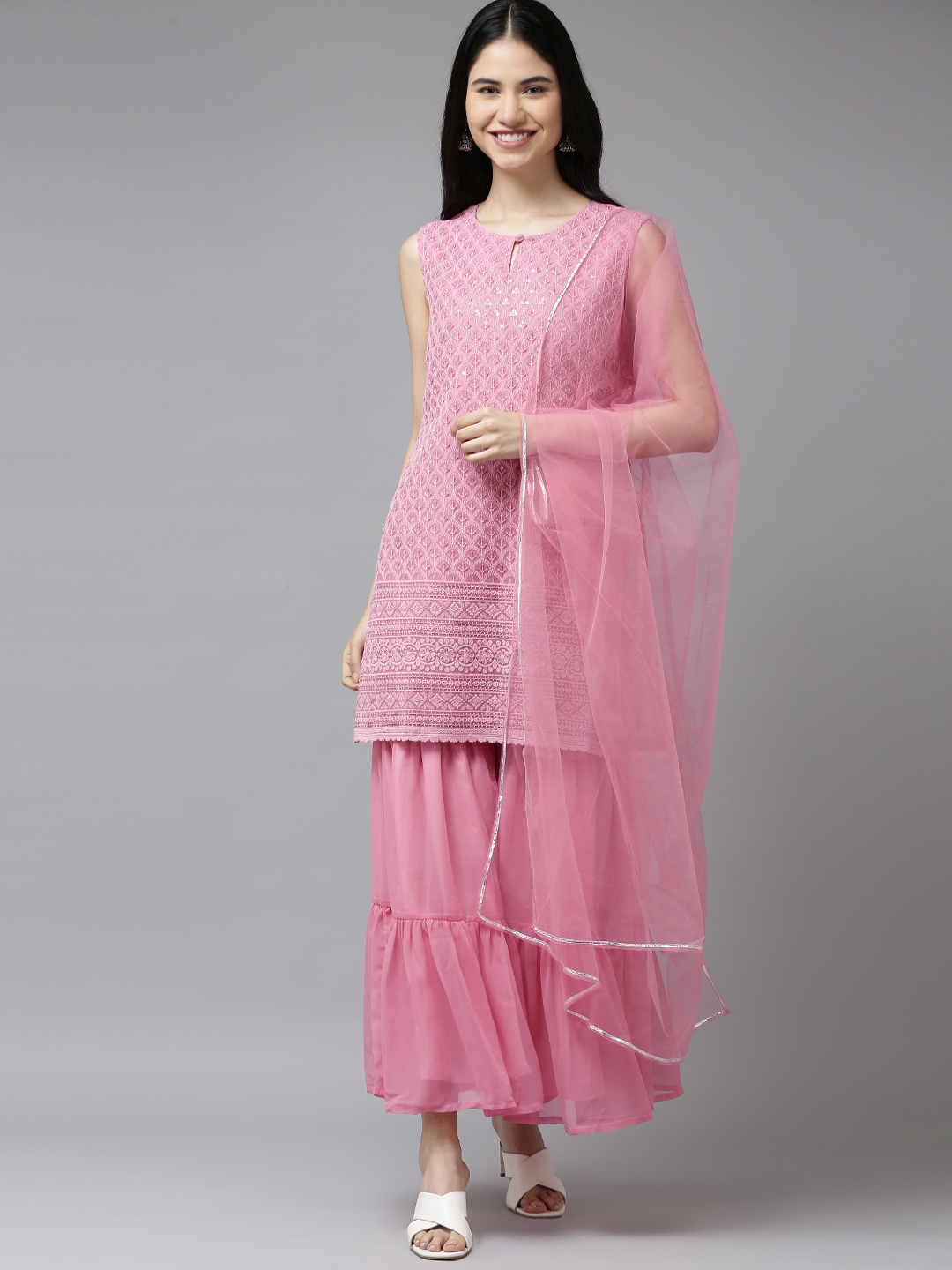 

Bhama Couture Women Pink Embroidered Sequinned Kurta with Sharara & Dupatta