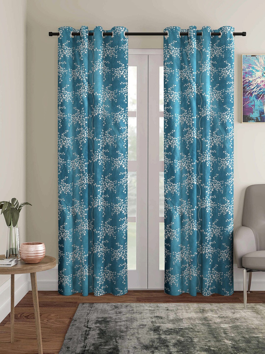 

ROMEE Blue & White Set of 2 Floral Room Darkening Door Curtain