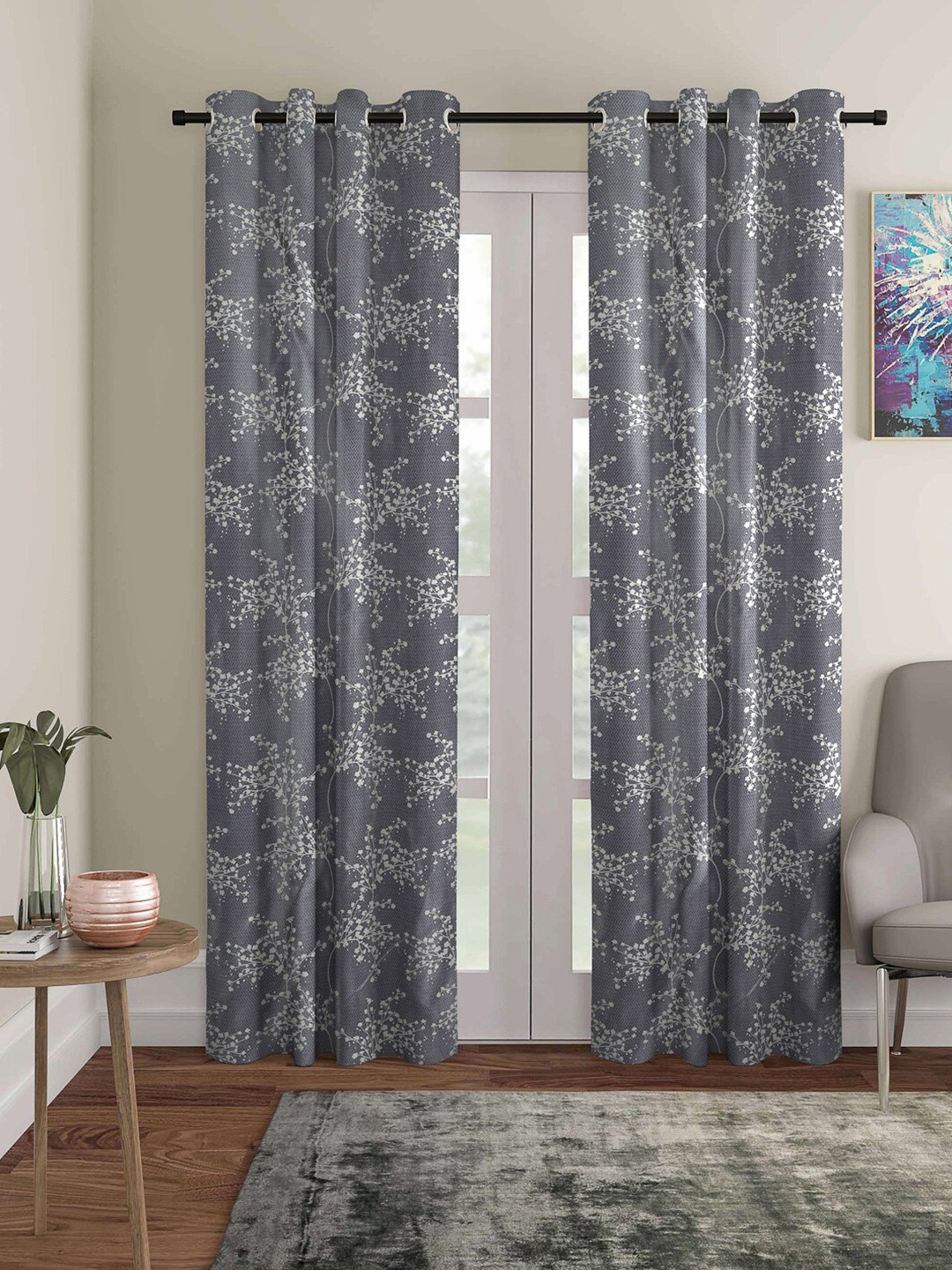 

ROMEE Grey & White Floral Room Darkening Door Curtain