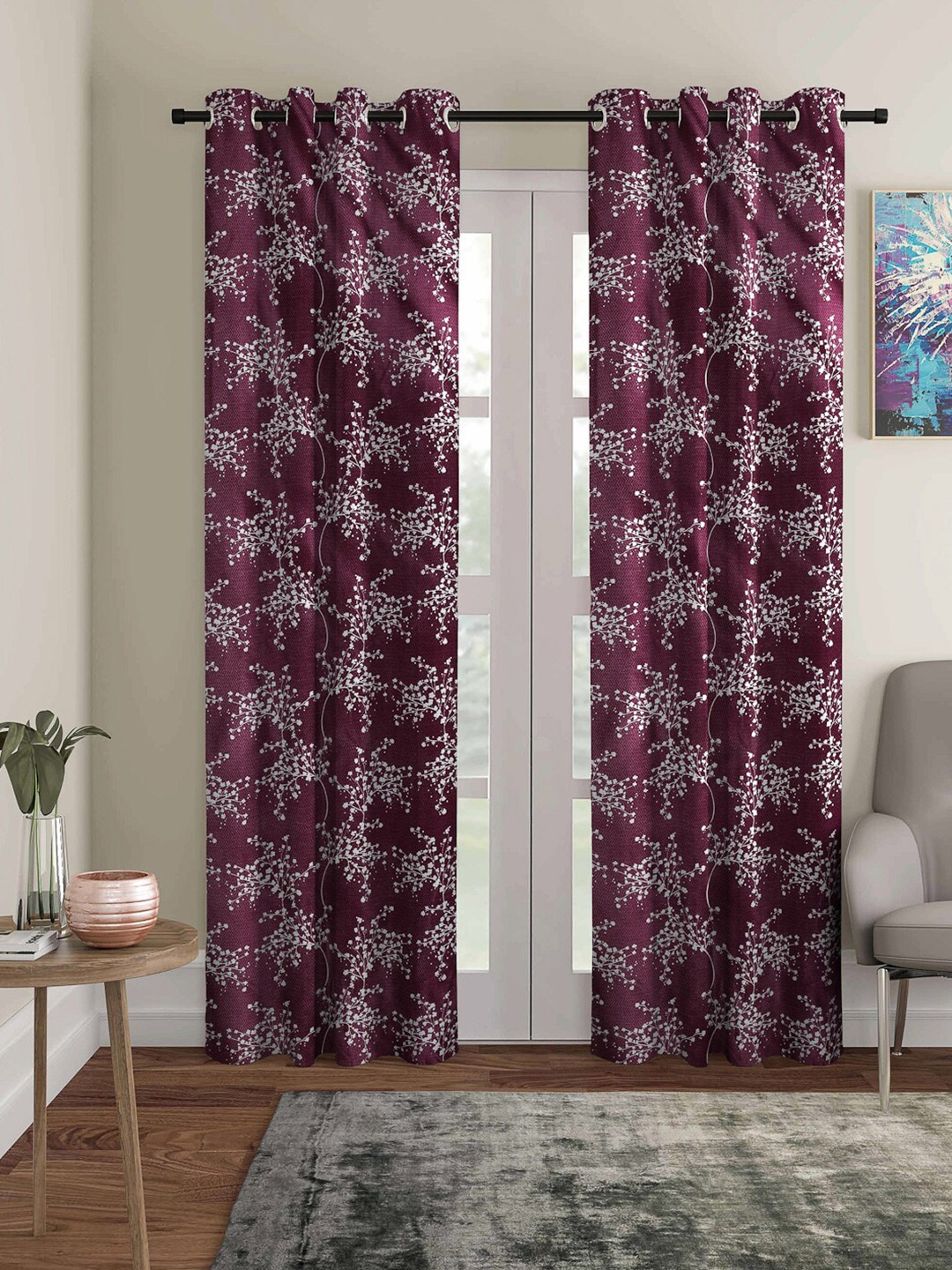 ROMEE Purple & White Set of 2 Floral Room Darkening Door Curtain