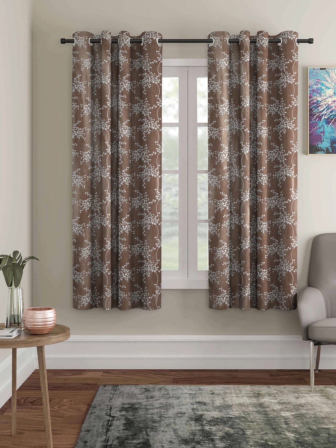 

ROMEE Brown & White Set of 2 Floral Room Darkening Window Curtain