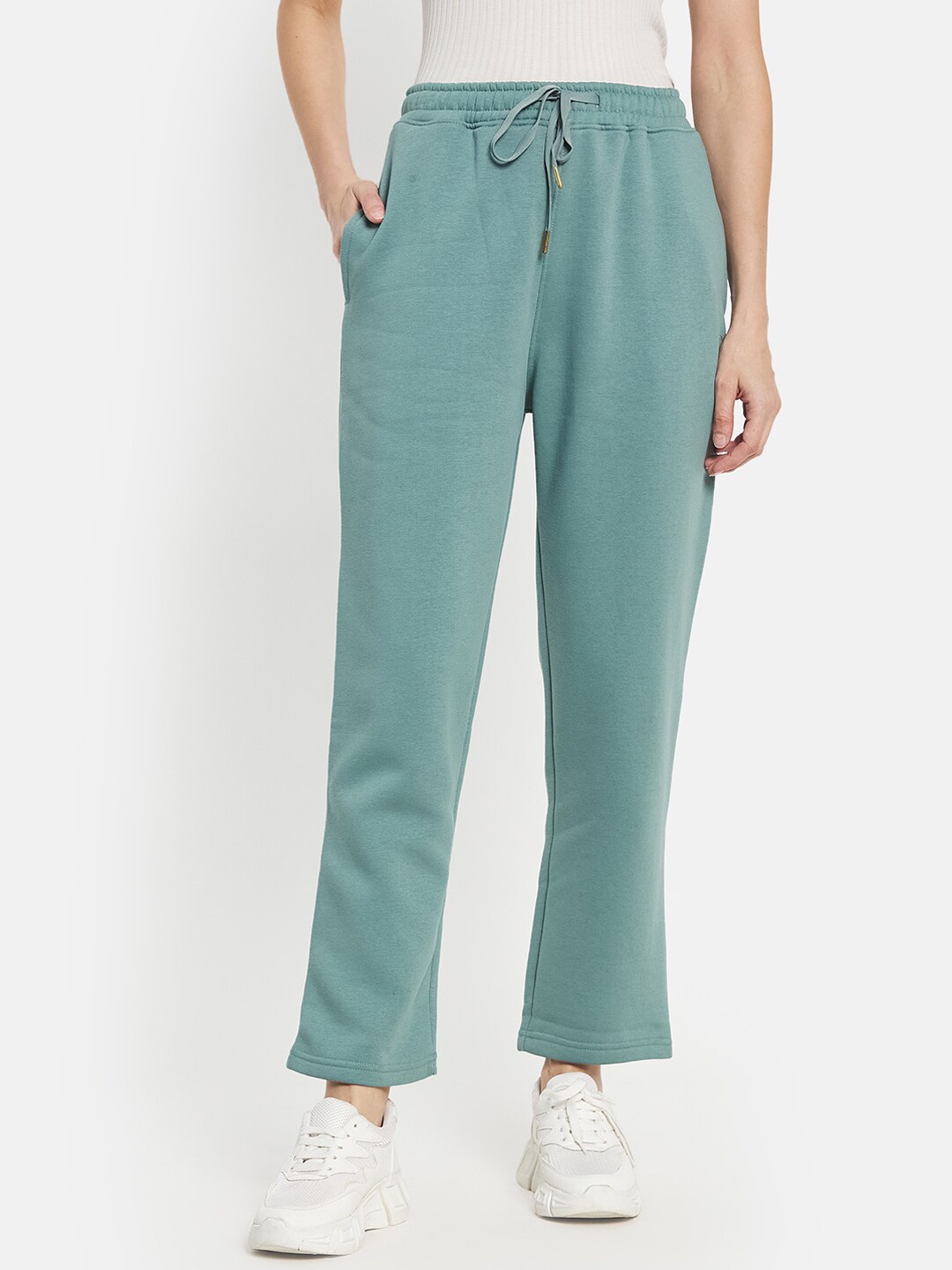 

METTLE Women Olive Solid Cotton Drawstring Track Pants