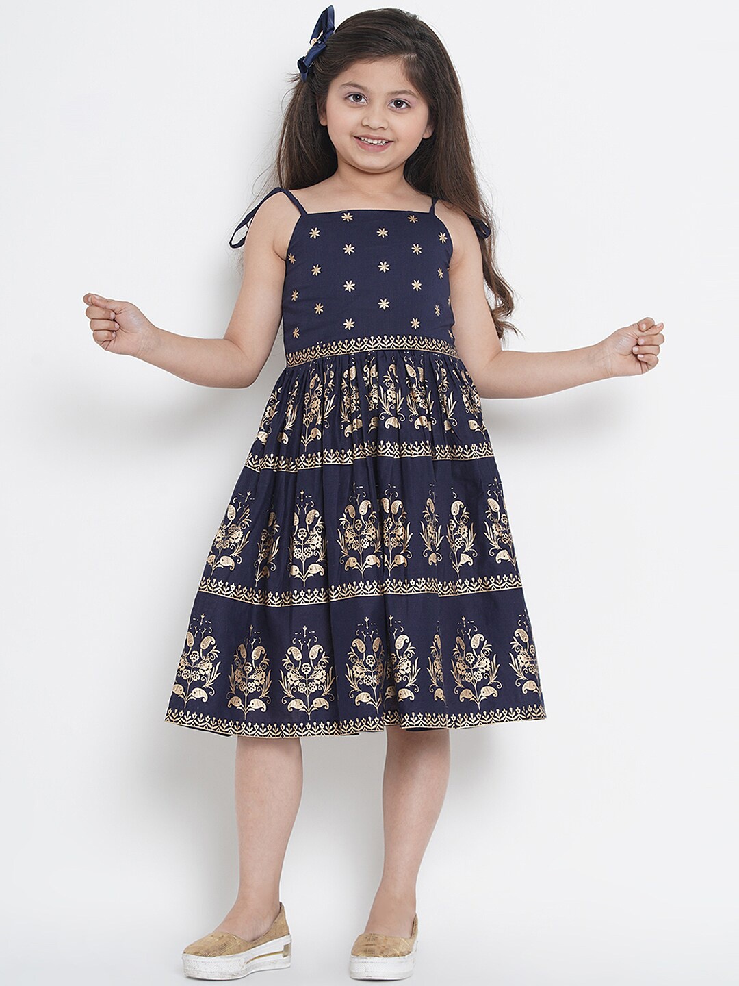 

Bitiya by Bhama Girls Navy Blue & Gold Ethnic Motifs Fit & Flare Cotton Midi Dress