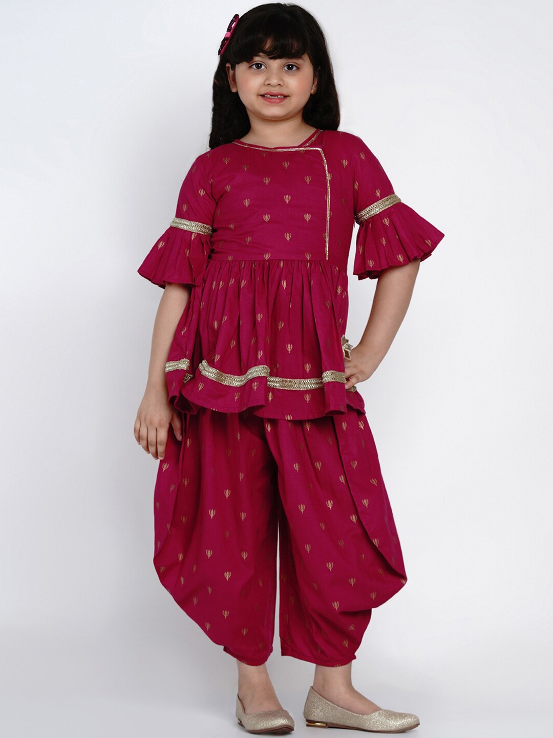

Bitiya by Bhama Girls Magenta Pleated Pure Cotton Kurti with Dhoti Pants