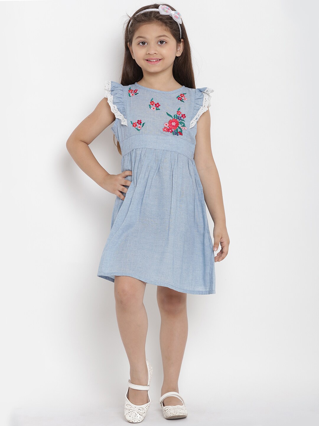 

Bitiya by Bhama Girls Floral Embroidered Chambray Fit and Flare Dress, Blue