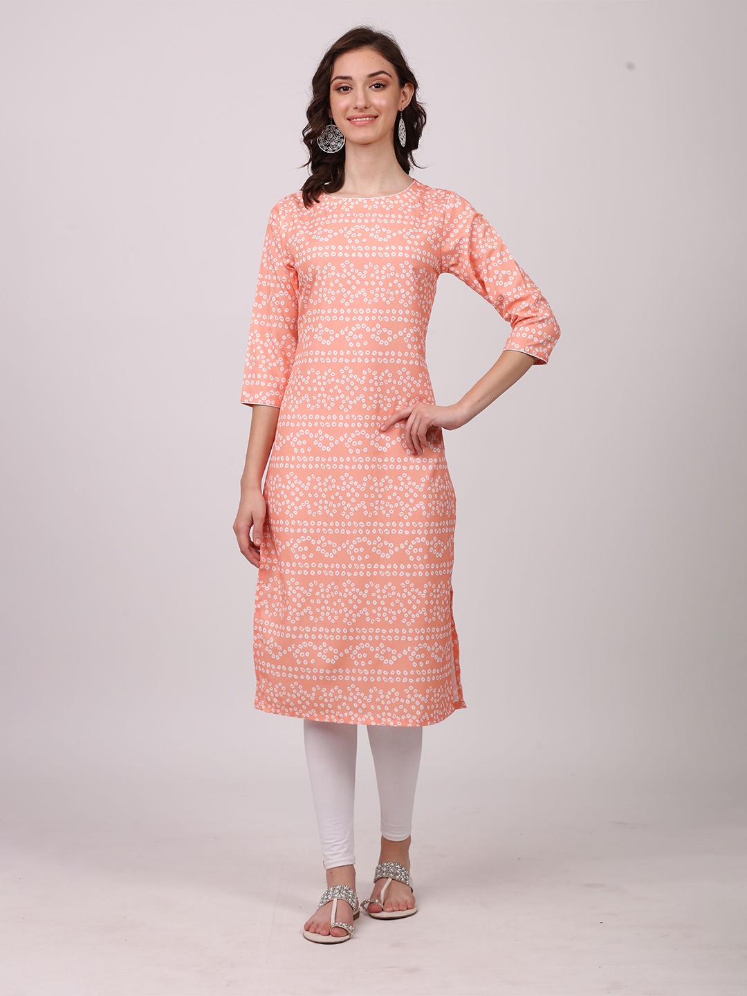 

SEW YOU SOON Women Peach-Coloured & White Bandhani Printed Indie Prints Kurta