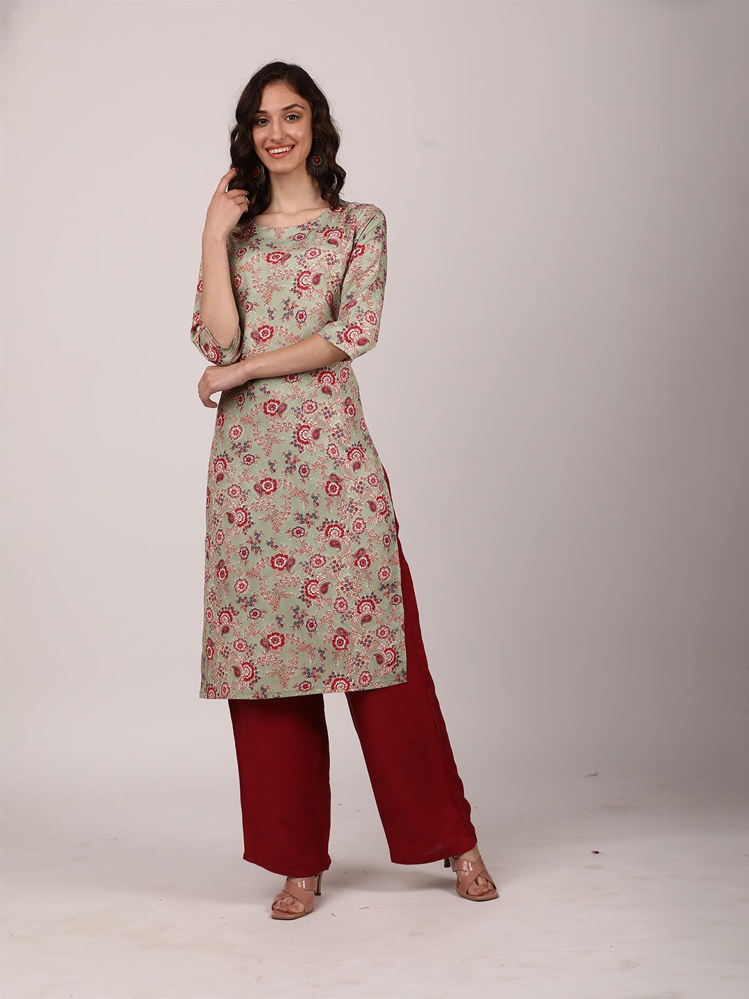 

SEW YOU SOON Women Green & Red Floral Printed Floral Kurta