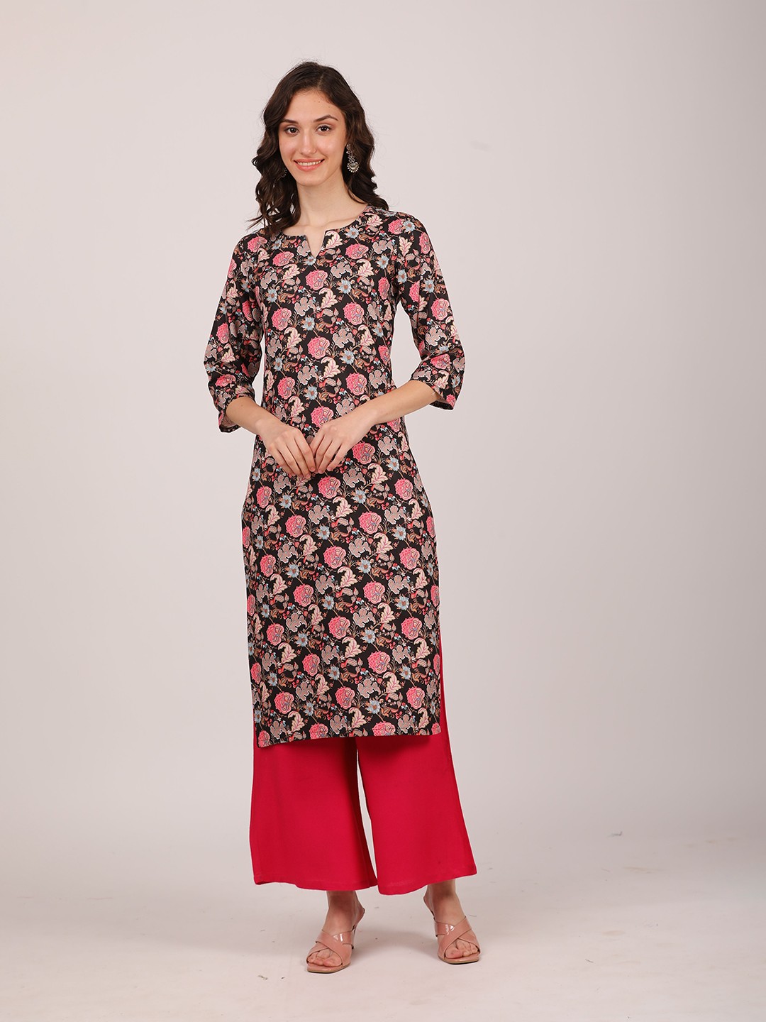 

SEW YOU SOON Black Floral Printed V-Neck Kurta
