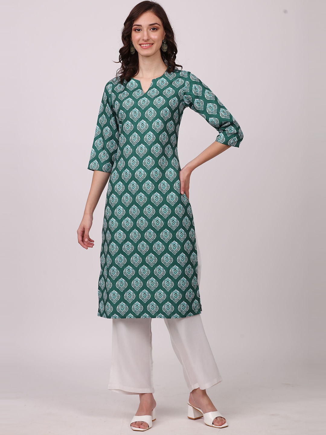 

SEW YOU SOON Green & White Ethnic Motifs Printed Kurta