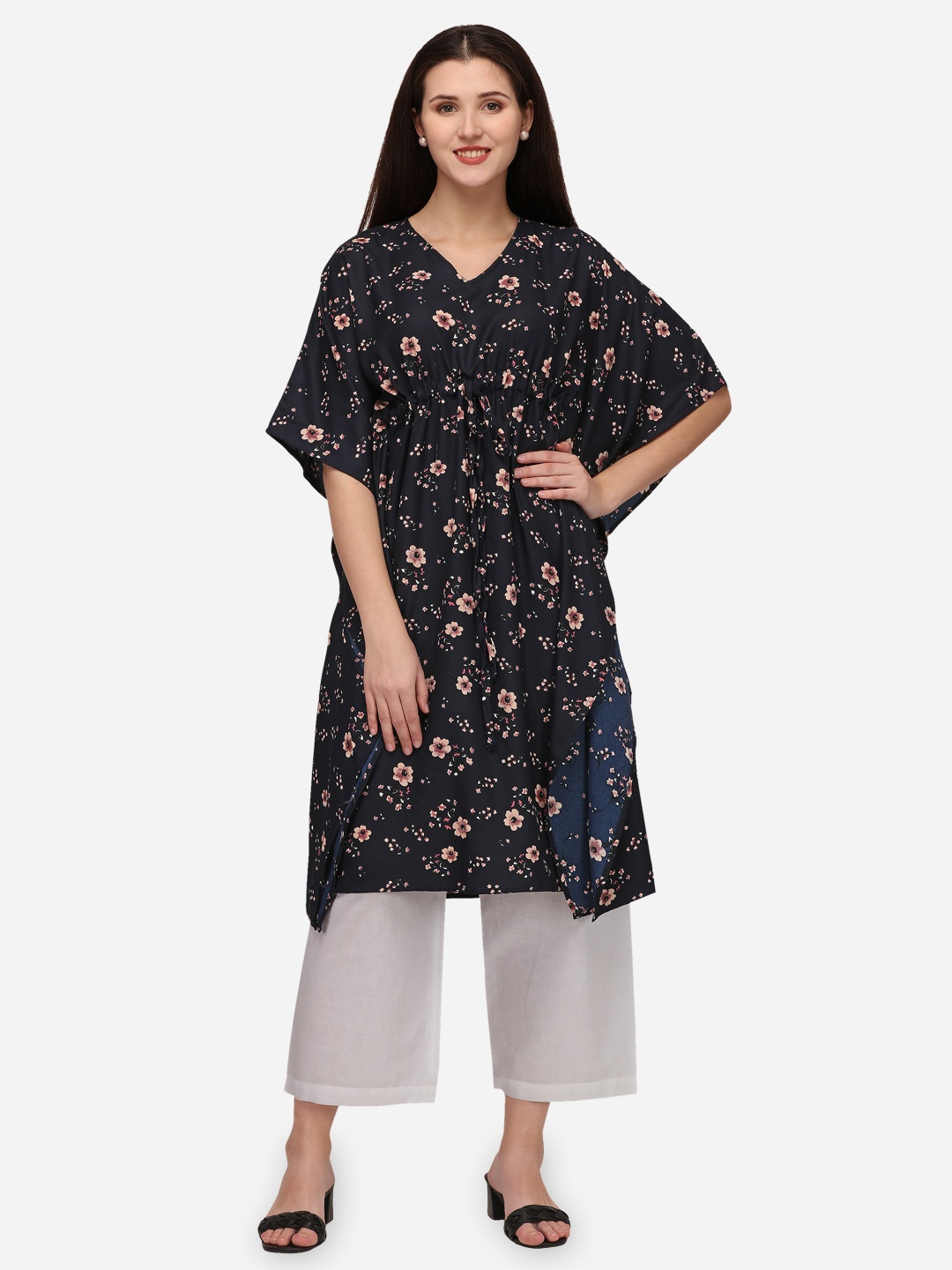 

Fashfun Women Printed V-Neck Extended Sleeves Kaftan Kurti, Navy blue