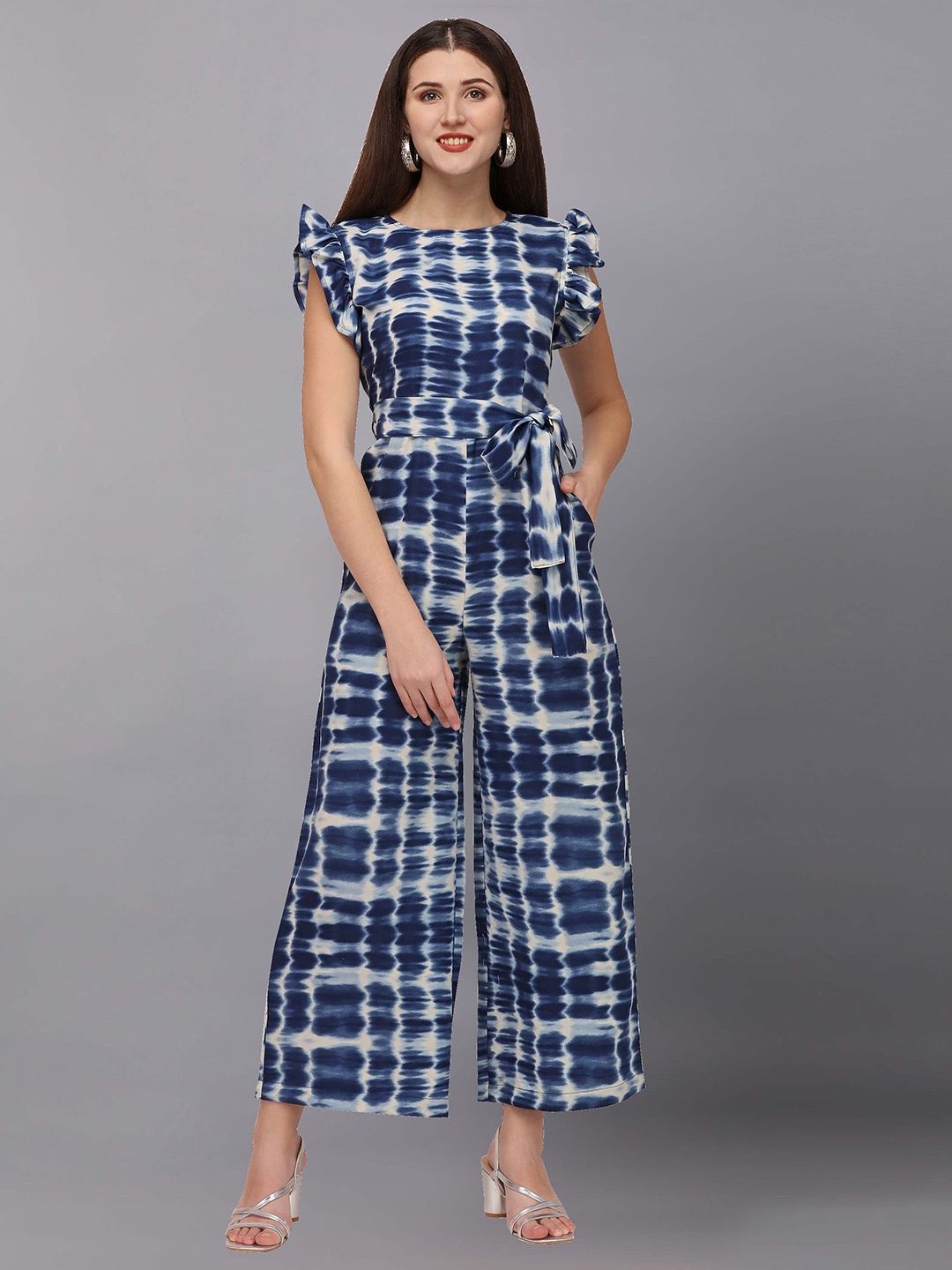 

Fashfun Blue & White Printed Basic Jumpsuit with Ruffles