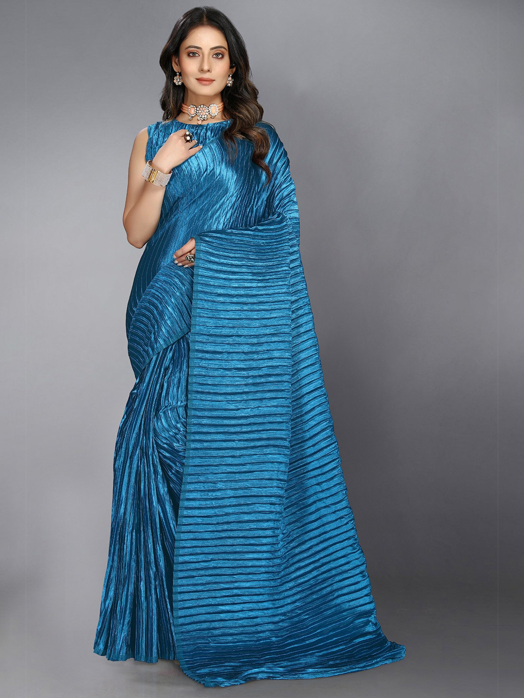 

Nityanta Fab Blue Striped Satin Fusion Saree