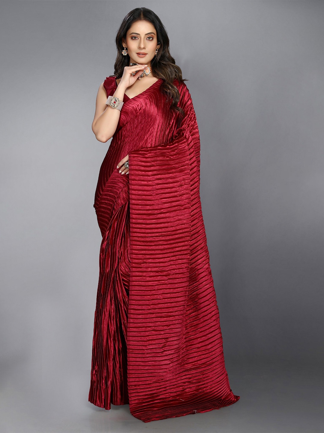 

Nityanta Fab Maroon Striped Satin Fusion Saree