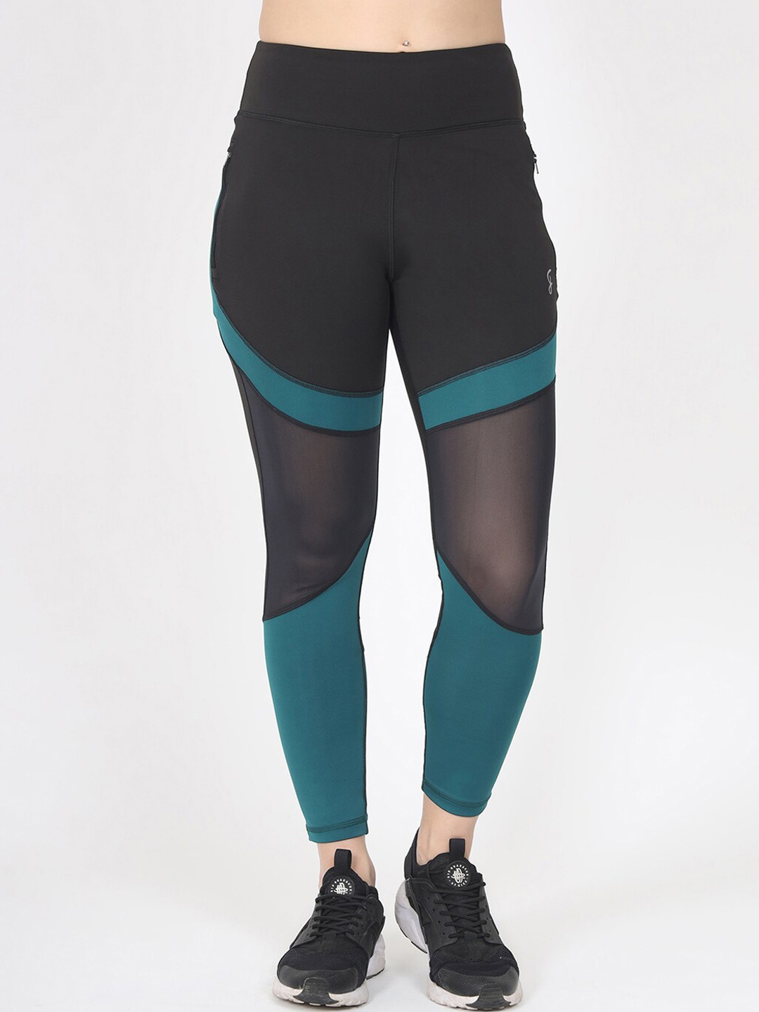 

FITLETHICS Women Black & Green Colourblocked Tights