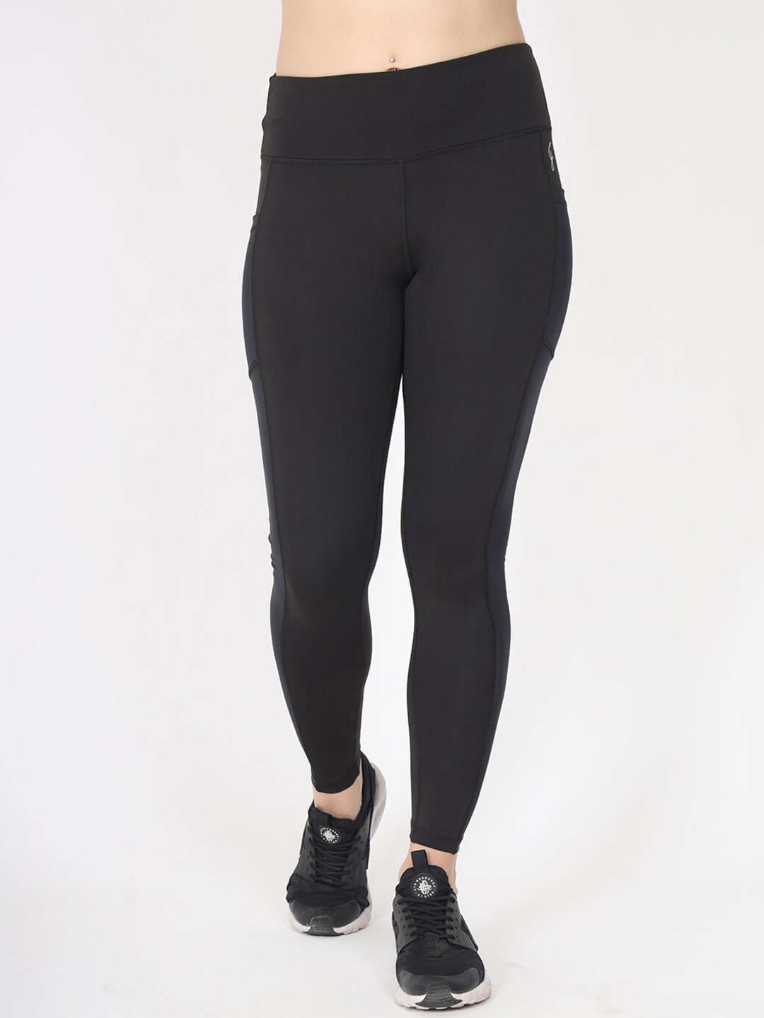 

FITLETHICS Women Black Solid High-Rise Mesh Pocket Tights