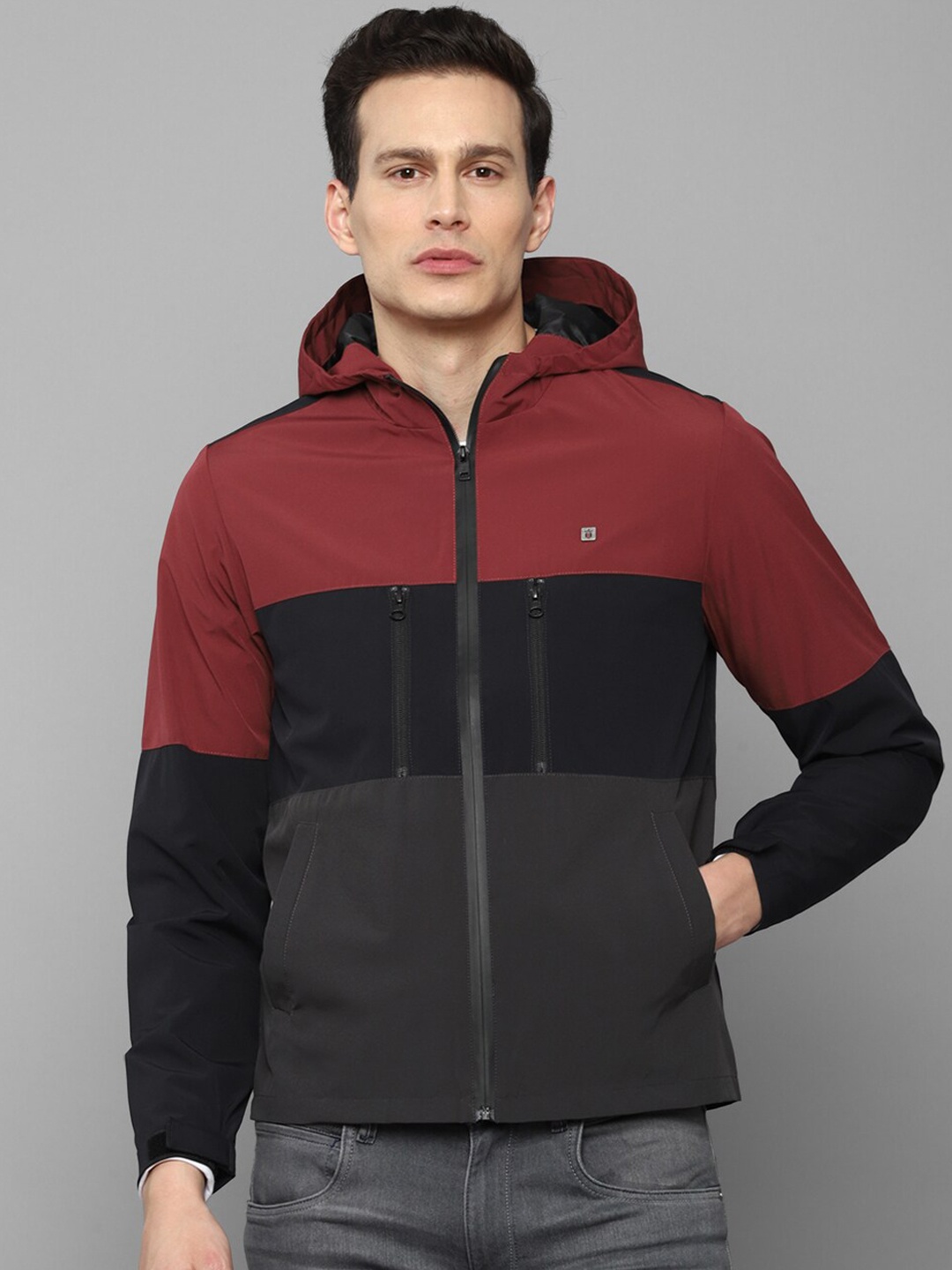 

Louis Philippe Sport Men Maroon Grey Colourblocked Sporty Jacket