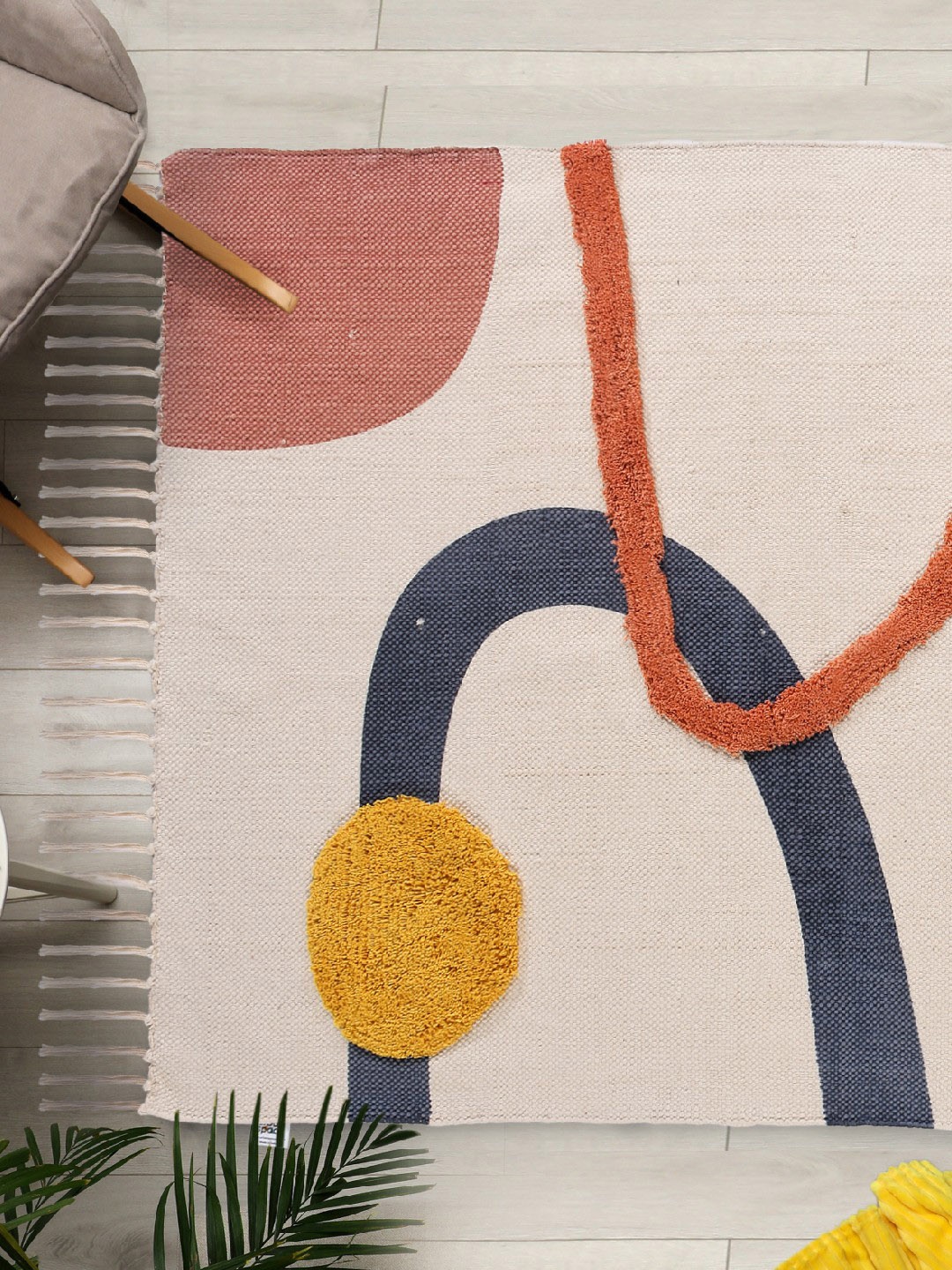 

URBAN SPACE Peach Colored & White Bohemian Printed Cotton Hand Tuffed Carpets