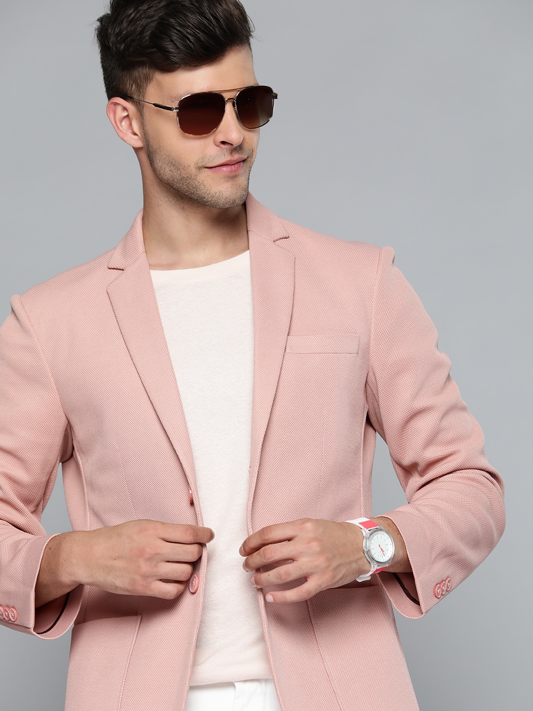 

HERE&NOW Men Peach-Coloured Textured Regular Fit Single Breasted Blazer