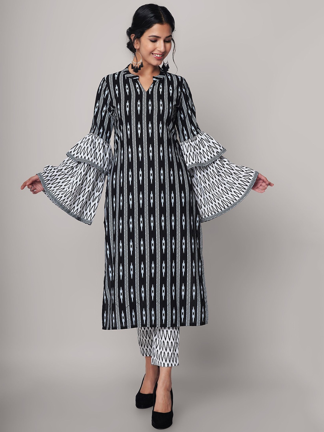 

God Bless Women Black Printed Kurta with Trousers