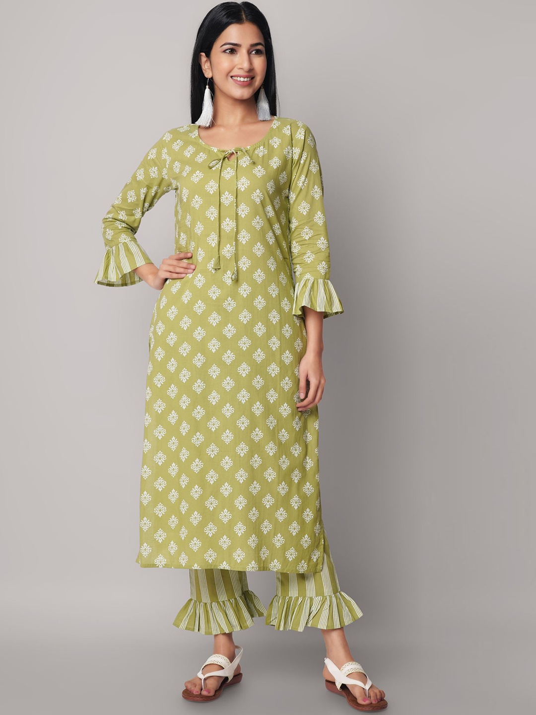 

God Bless Women Olive Green Ethnic Motifs Printed Pure Cotton Kurta with Trousers