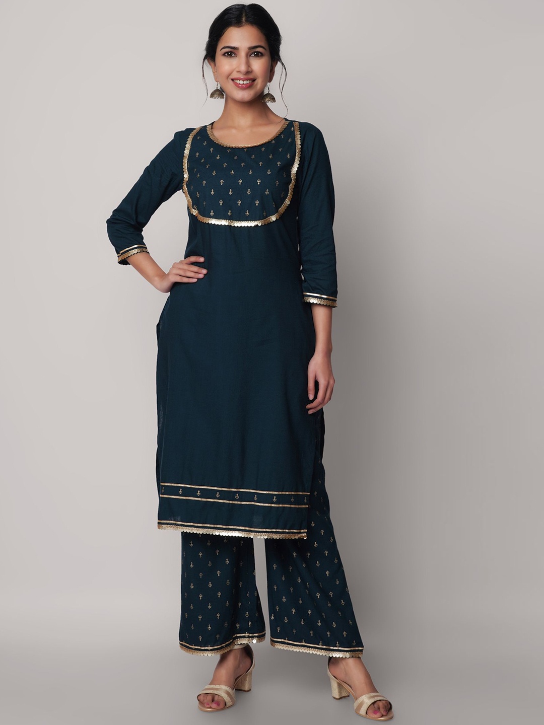 

God Bless Women Navy Blue Ethnic Motifs Yoke Design Pleated Kurta with Palazzos