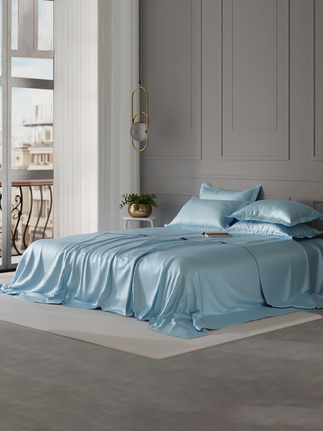 

Stoa Paris Date Night Collection Blue Solid 300 TC Sateen King Bed Sheet & 4 Pillow Covers