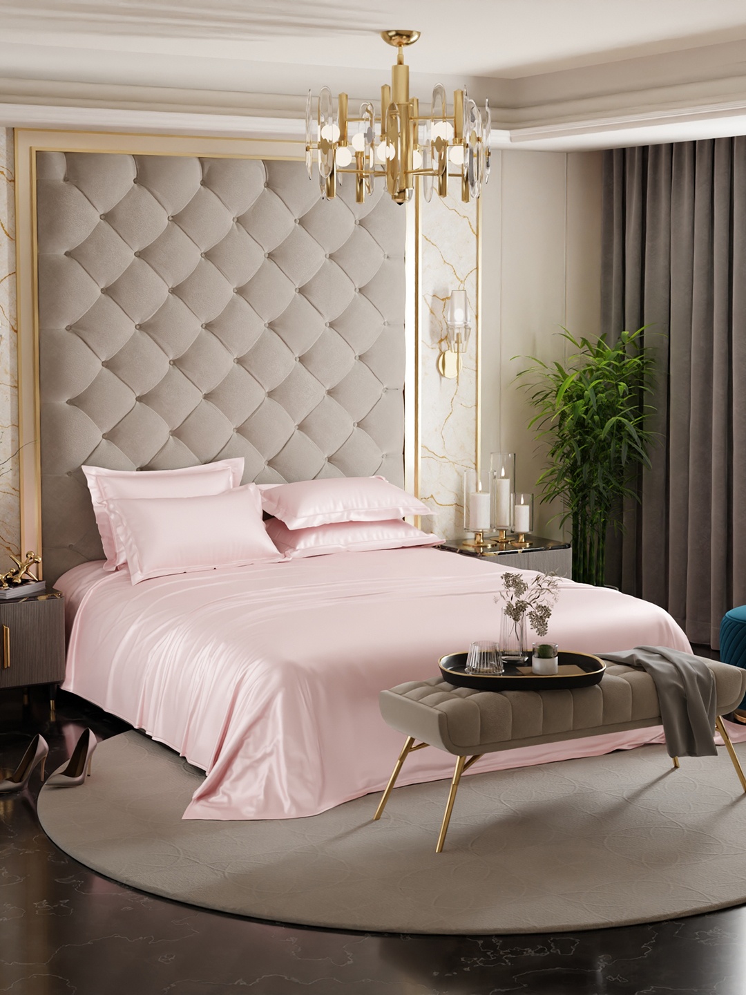 

Stoa Paris Date Night Collection Pink 300TC Satin King Bedsheet with 4 Pillow Covers