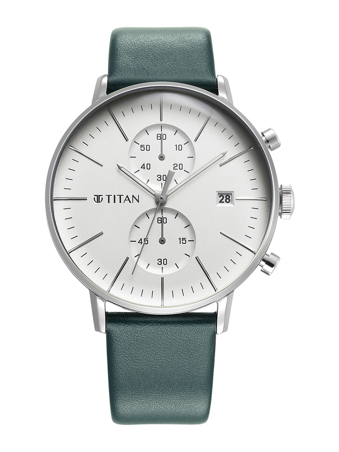 

Titan Men White Dial & Green Leather Straps Analogue Watch, Silver