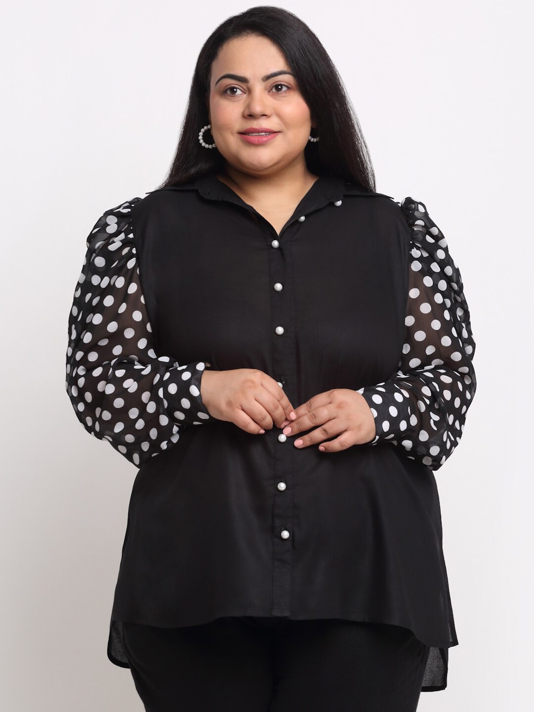 

sindrellastorie Plus Size Black & White Polka Dot Sleeve Shirt Style Top