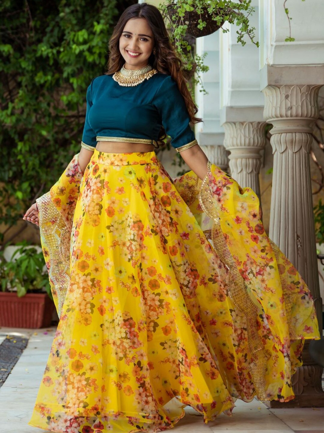 

Lavanya The Label Women Yellow & Blue Printed Ready to Wear Lehenga & Blouse
