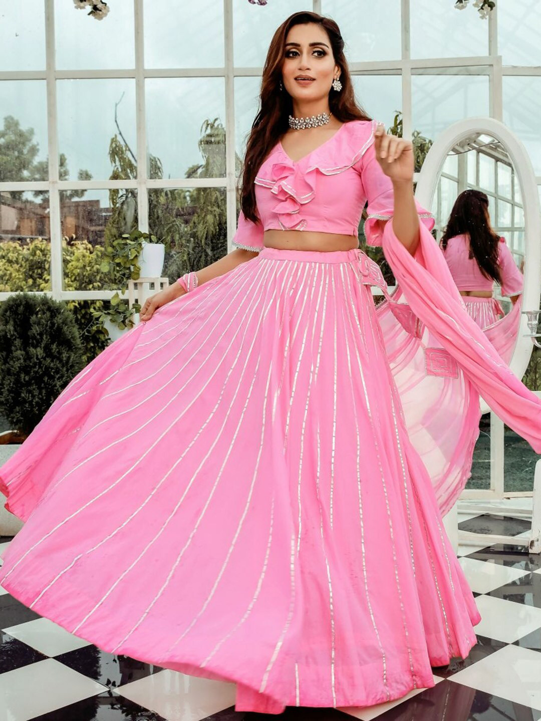 

Lavanya The Label Women Pink & Silver-Toned Ready To Wear Lehenga & Blouse With Dupatta